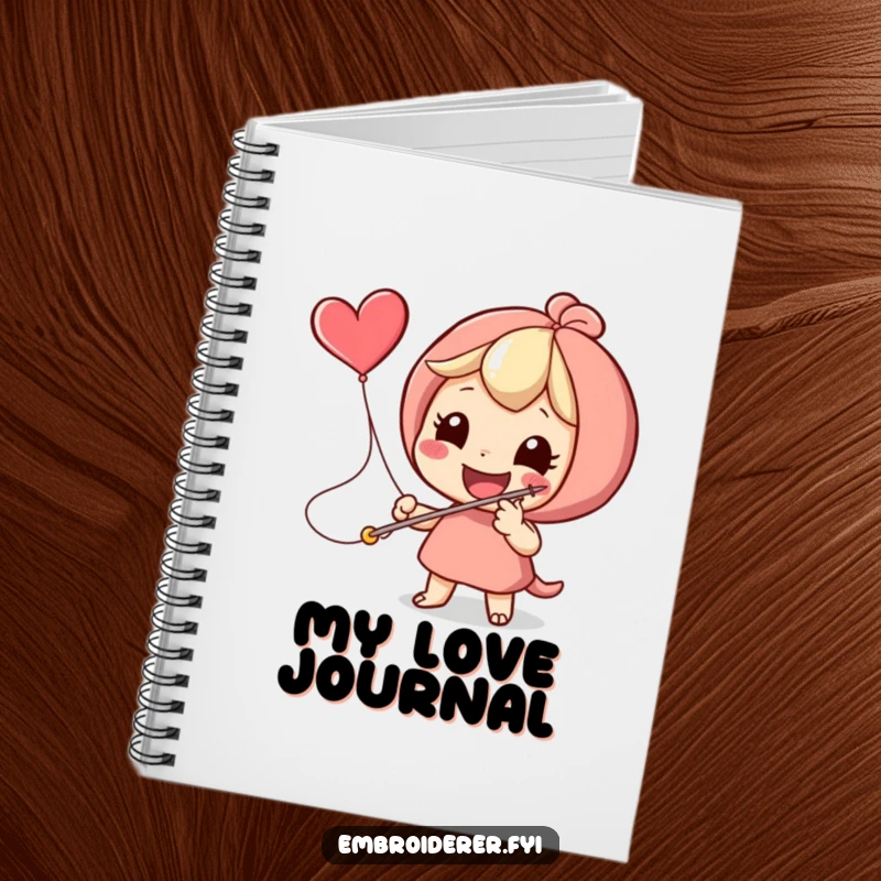 Funny character stitching a flying heart icon with a giant needle, featured on a notebook cover for creatives.