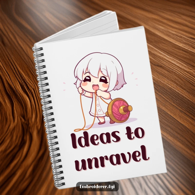 Funny Notebook: A character gleefully pulling a long, colorful thread from a spool, encouraging creative writing and doodling.