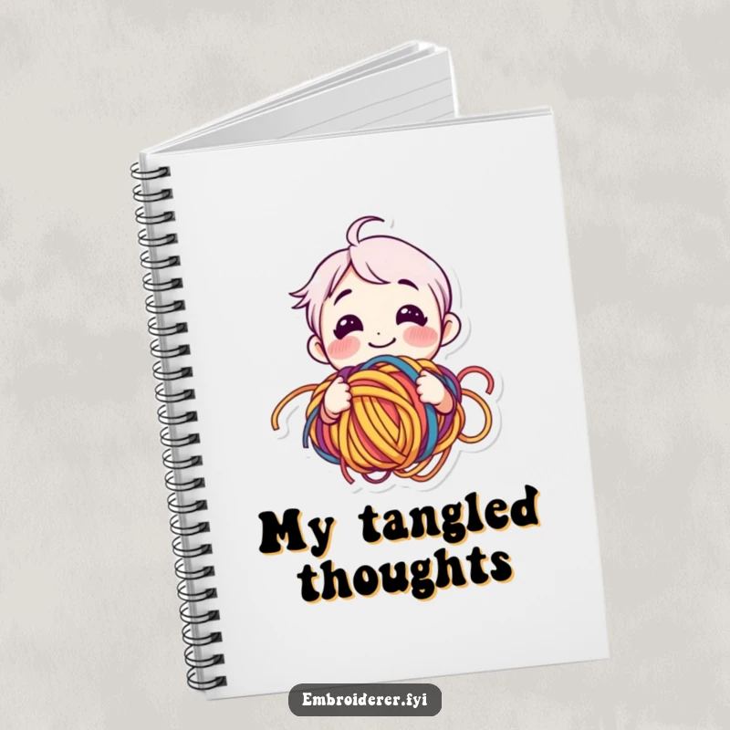 Funny yarn lover notebook with a smiling character happily bewildered by tangled colorful yarn, perfect for journaling.