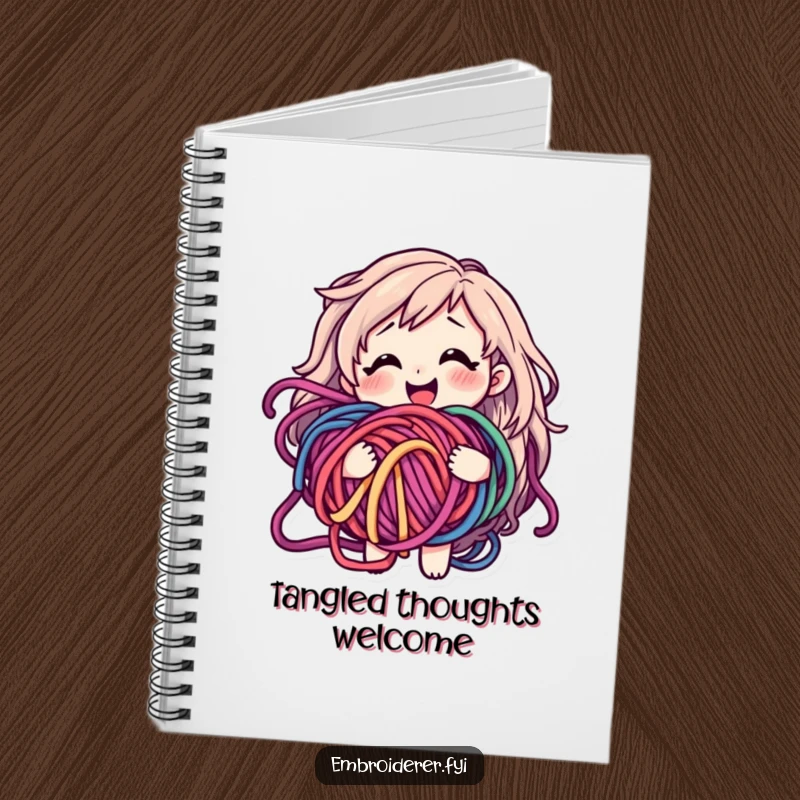 Funny notebook cover with a smiling character looking happy but bewildered holding a tangled ball of colorful yarn.