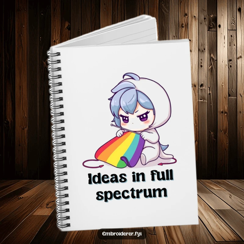 Funny Notebook: Character determinedly sewing a vibrant rainbow, great for creative planning.