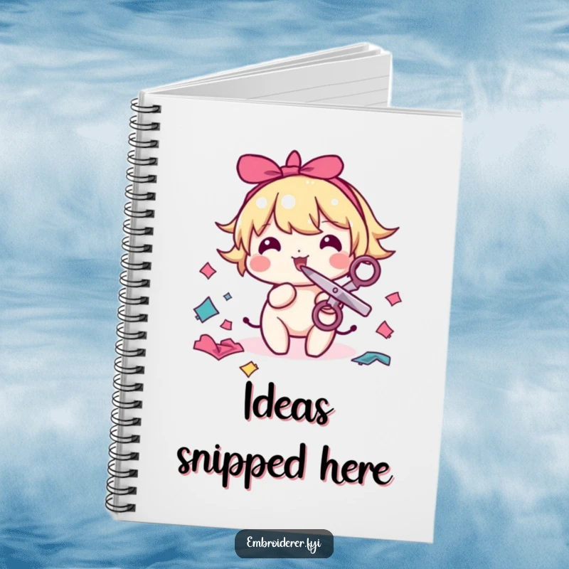 Funny sewing notebook with a playful character holding scissors in its mouth, snipping colorful fabric scraps, ideal for note-taking.