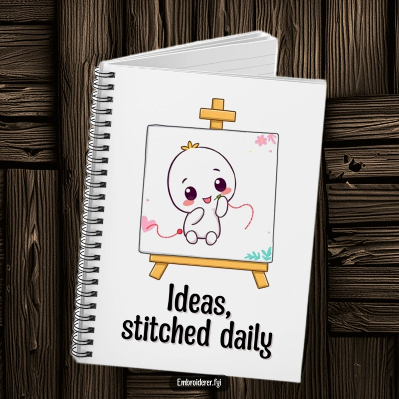 Funny notebook with a character stitching a wiggly line on a canvas, encouraging creative writing and sketching with artistic humor.