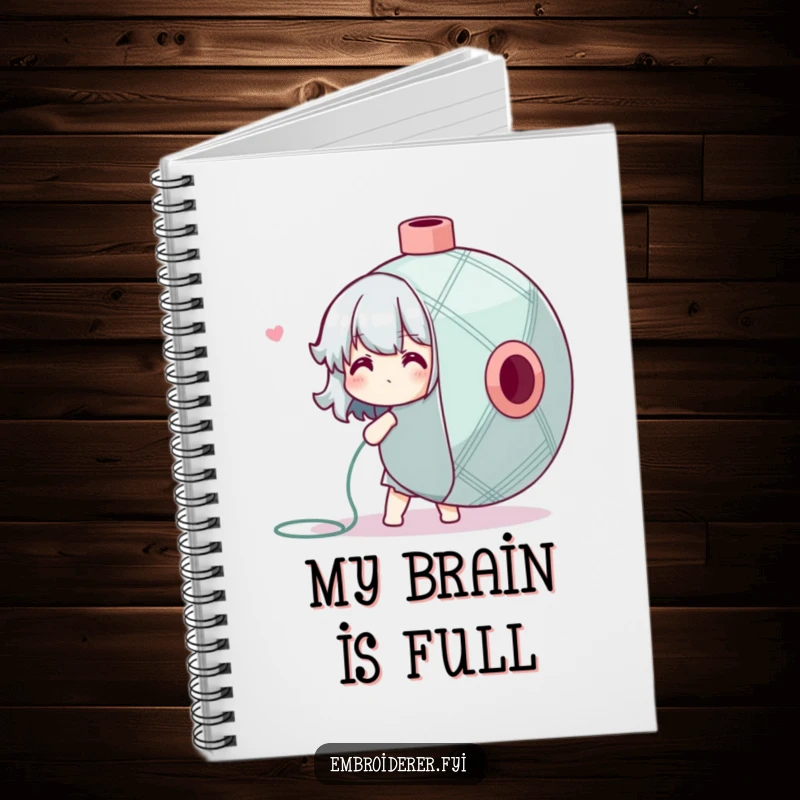 Funny Notebook with a character adorably struggling with a huge spool of embroidery floss, ideal for a humorous crafter.