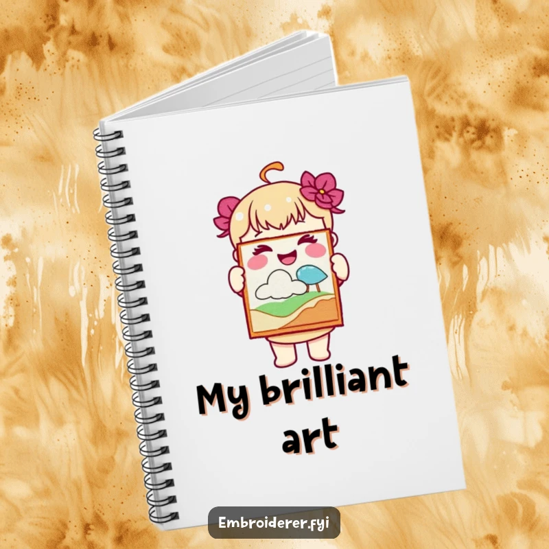 Funny notebook cover with a joyful character holding embroidered art, ideal for documenting creative projects and ideas.