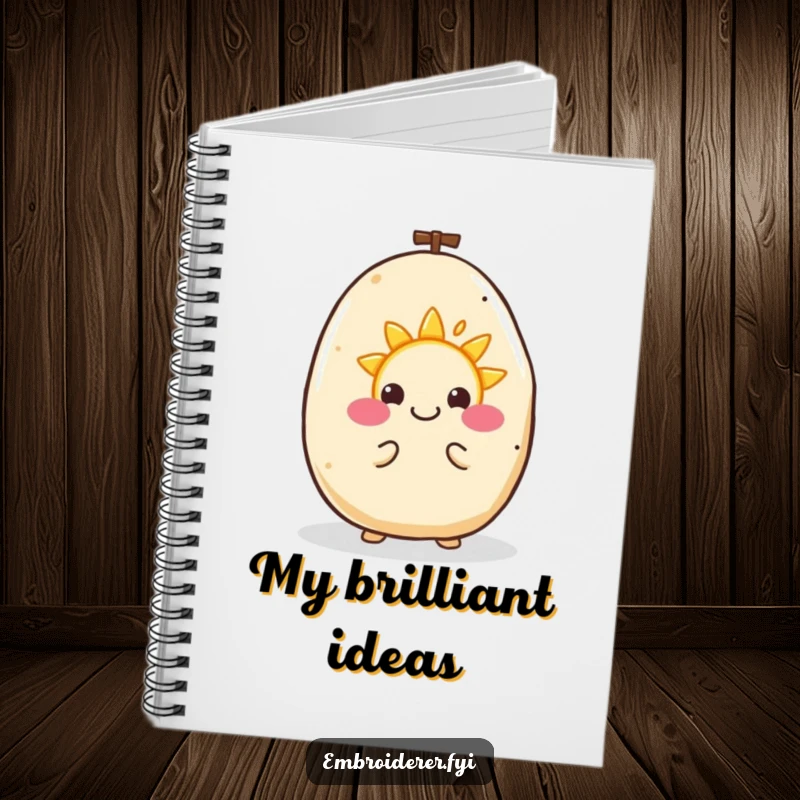 Funny notebook with a happy potato embroidering a tiny smiling sun, inspiring creativity with cheerful art.