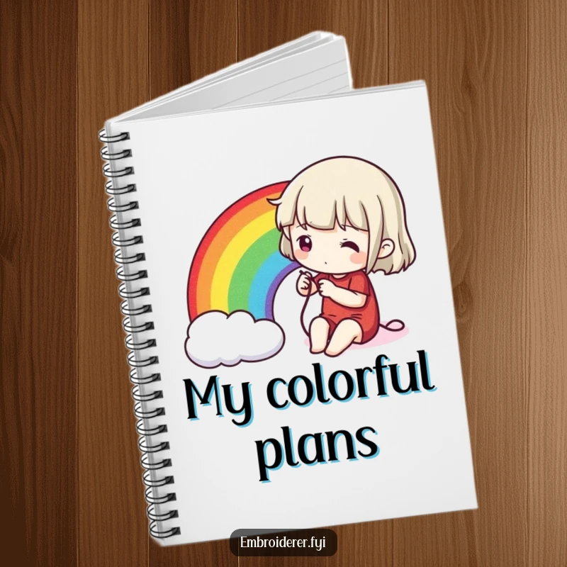 Funny stitching rainbow notebook cover, showing a character sewing a vibrant rainbow, symbolizing creativity and colorful ideas.