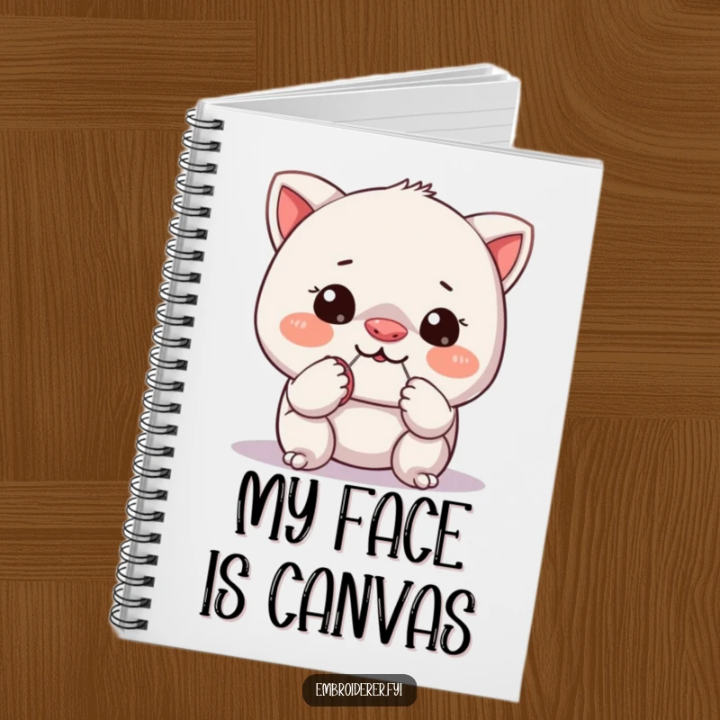 Funny notebook featuring a mischievous character trying to sew a tiny button onto its own nose, illustrating a humorous sewing project.