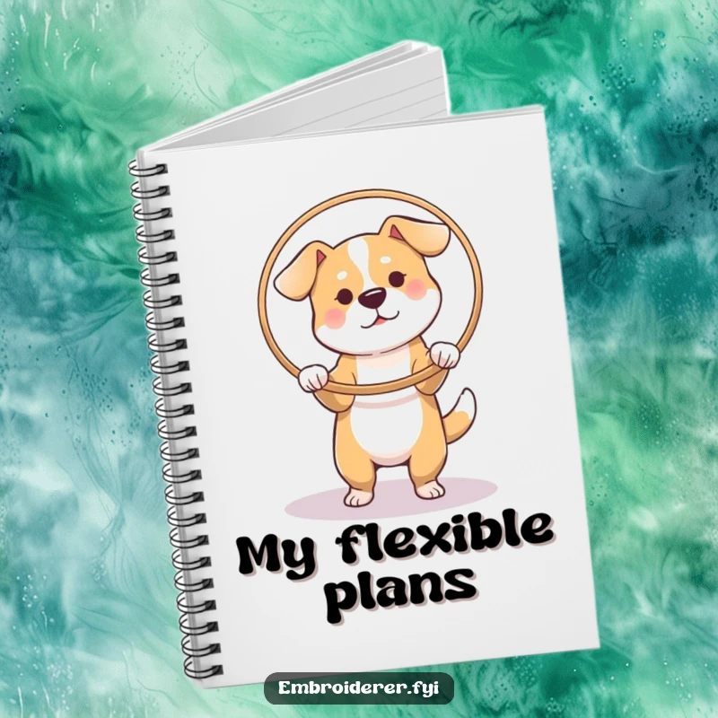 Funny Dog Hoop Notebook, a dog stretching fabric in a hoop, lined pages for notes with a humorous cover.
