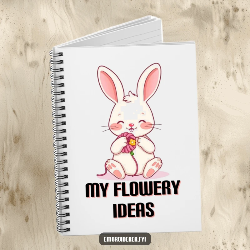 Funny notebook with a cheerful rabbit embroidering a flower, offering a humorous and inspiring place for notes and ideas.