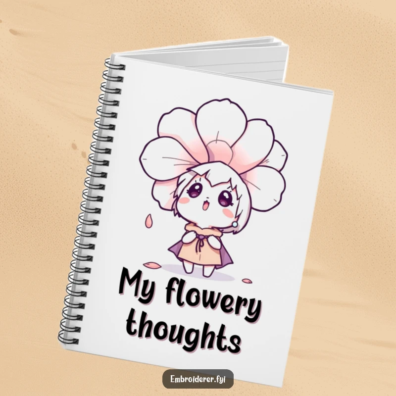 Funny character surprised by a drifting embroidered flower petal, featured on a notebook cover for dreamers.