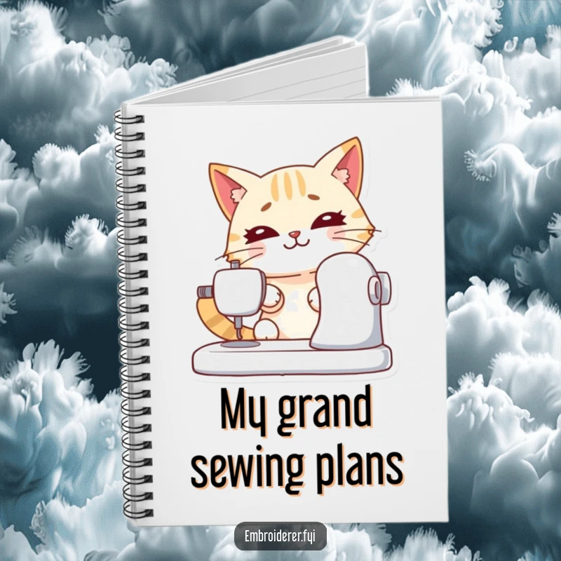 Funny notebook with a focused cat sewing, offering a humorous and inspiring place for notes and creative planning.