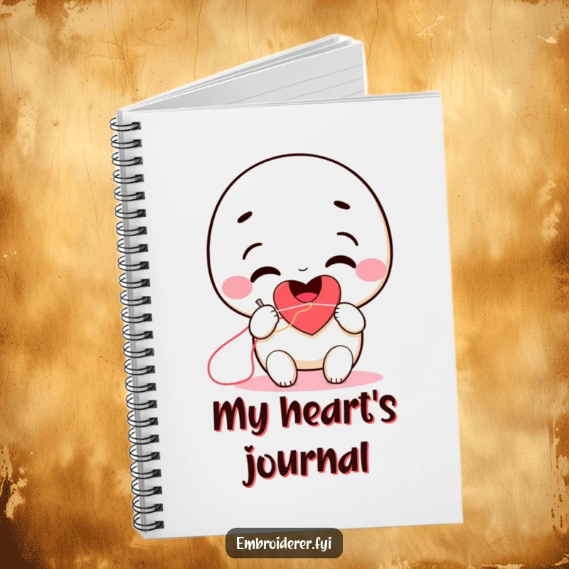 Funny smiling character stitching a heart with a needle and thread on the cover of a notebook.