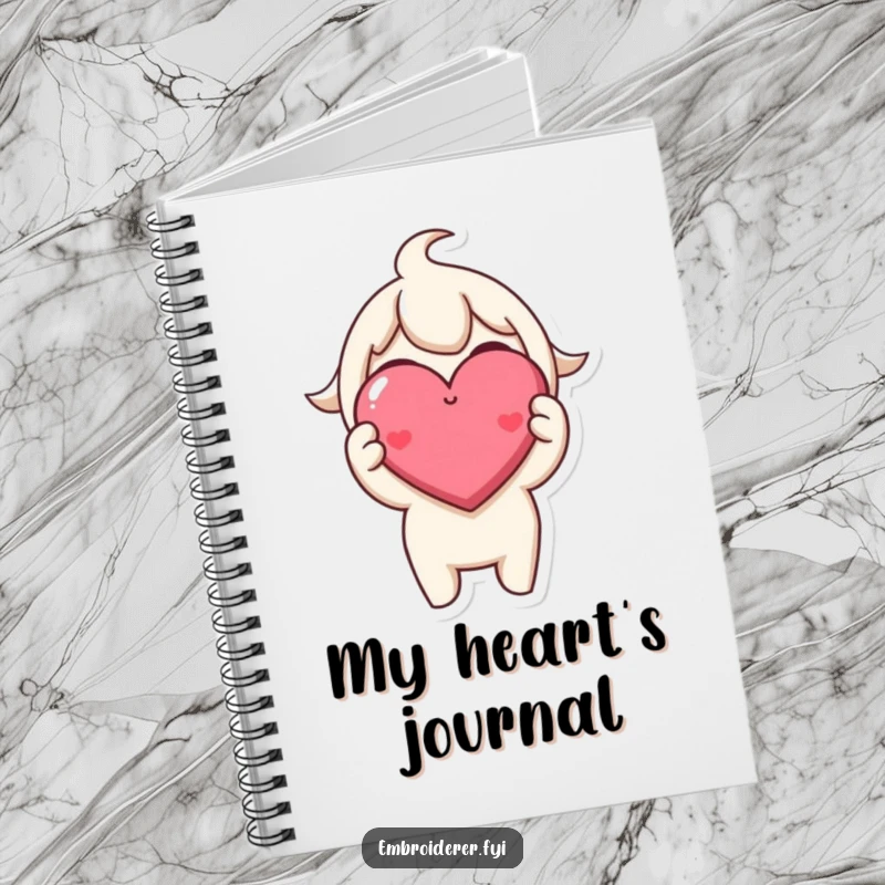 Funny Notebook: Character proudly holds a small, perfectly stitched, smiling heart, ideal for creative writing.