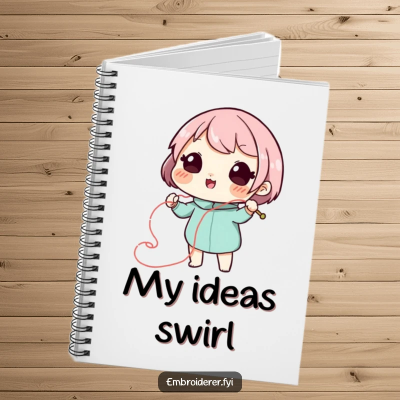 Funny stitch artist notebook with a playful character drawing a swirling, decorative line with needle and thread, perfect for journaling.