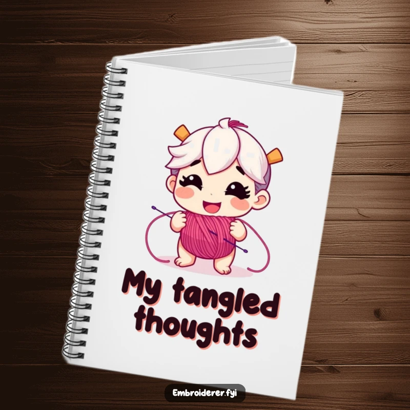 Funny notebook cover featuring a happy character unspooling colorful embroidery floss, perfect for sketching and note-taking.