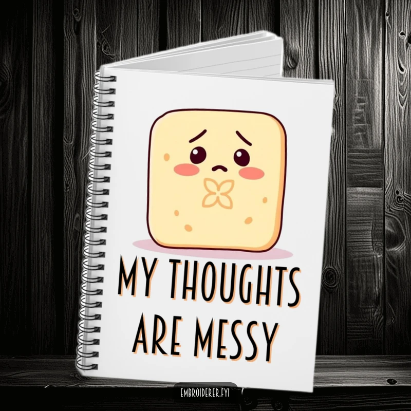 Funny notebook with a confused bar of soap accidentally carving a tiny pattern into itself.