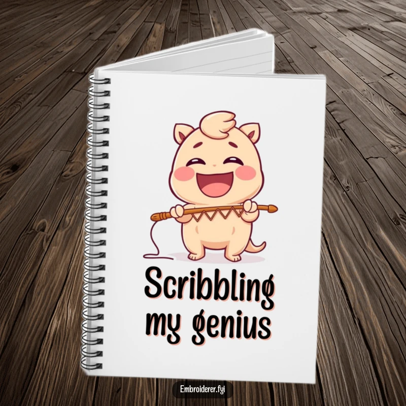 Funny notebook with a character creating a zig-zag stitch pattern, perfect for jotting down creative thoughts and humorous ideas.