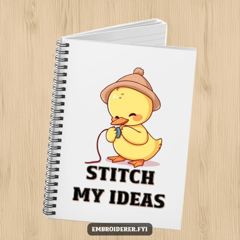 Funny notebook featuring a cute duck in a small hat struggling to sew a button, perfect for capturing creative thoughts.