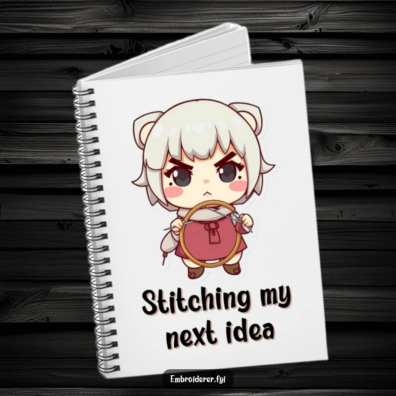 Funny notebook cover with a determined character focused on needlepoint, ideal for note-taking and journaling with a humorous, crafty vibe.