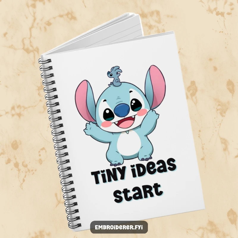 Funny notebook with a delighted character proudly holding up a ridiculously small stitch, perfect for journaling sewing ideas and inspiration.