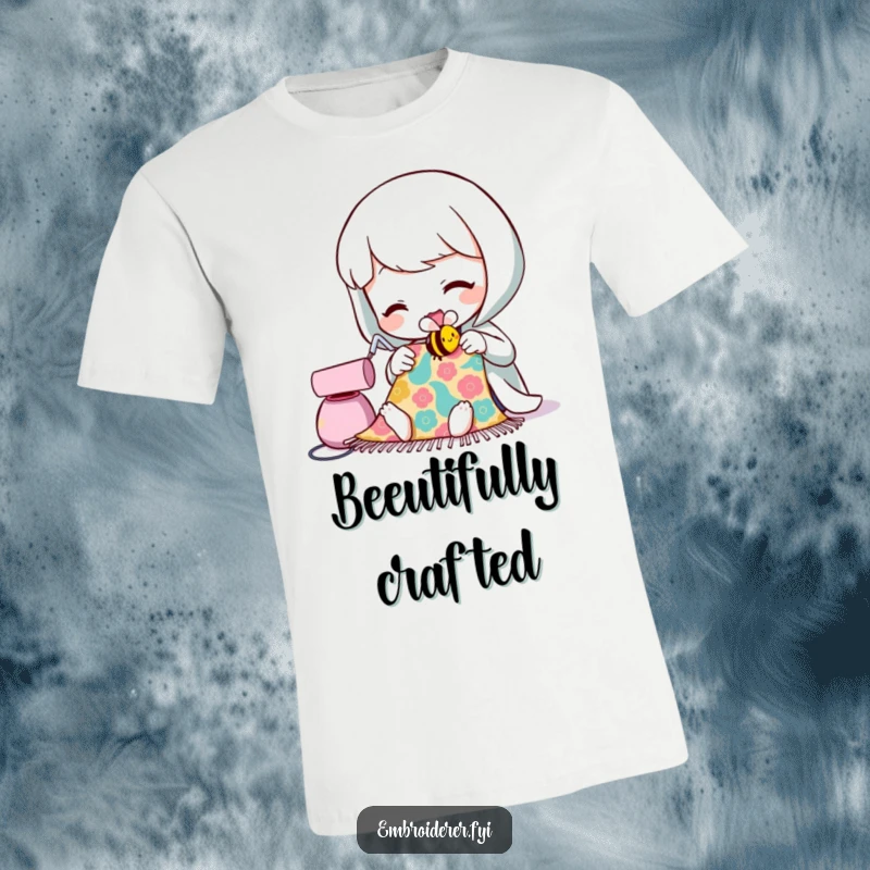 Funny t-shirt depicting a character happily sewing a small, smiling bee onto fabric, a humorous ode to crafting and creativity.
