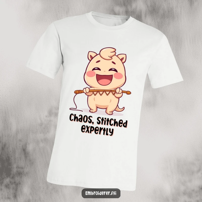 Funny t-shirt depicting a laughing character using a large needle to create a comical zig-zag stitch pattern, celebrating artistic fun.
