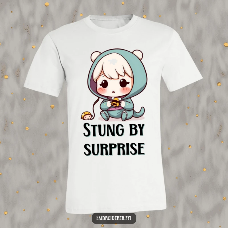 Funny T-Shirt: Character surprised expressions sewing a tiny, buzzing bee, depicting a crafting accident.