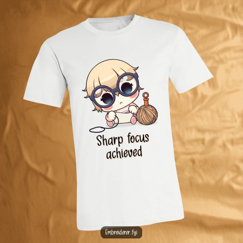 Funny crafter t-shirt with a cute character in oversized glasses, intensely focused on needle and thread, showcasing dedication.