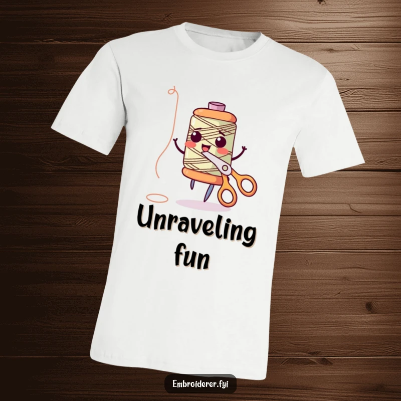 Funny anthropomorphic thread spool giggling and dancing with scissors on a t-shirt, celebrating the playful side of sewing, perfect for funny t-shirt fans.