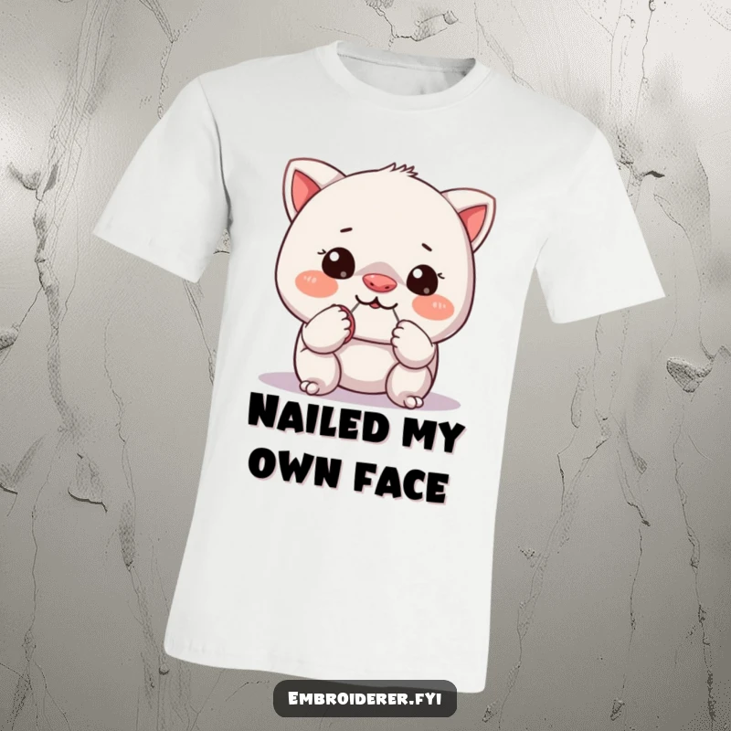 Funny t-shirt showing a mischievous character trying to sew a tiny button onto its own nose, a humorous depiction of DIY gone wrong.
