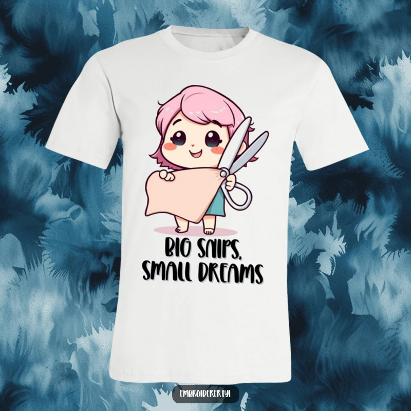 Funny t-shirt featuring a happy character holding comically large scissors, ready to cut a fabric swatch with enthusiasm.