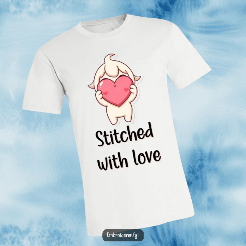 Funny T-Shirt: A joyful character holds up a tiny, perfectly stitched, smiling heart, radiating warmth and crafting pride.