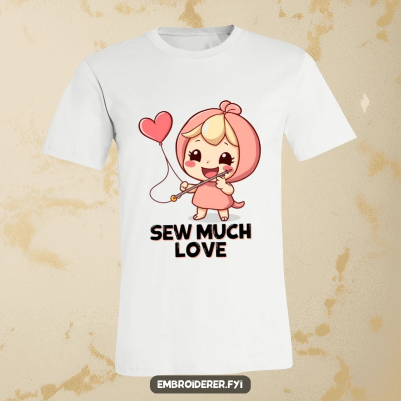 Funny character happily stitching a flying heart icon with a large needle on a t-shirt, symbolizing creation and love.