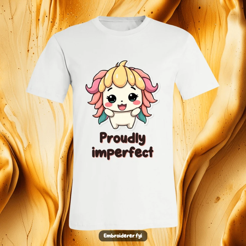 Funny t-shirt showing a proud character displaying a slightly lopsided but colorful creation, celebrating the spirit of handmade art.