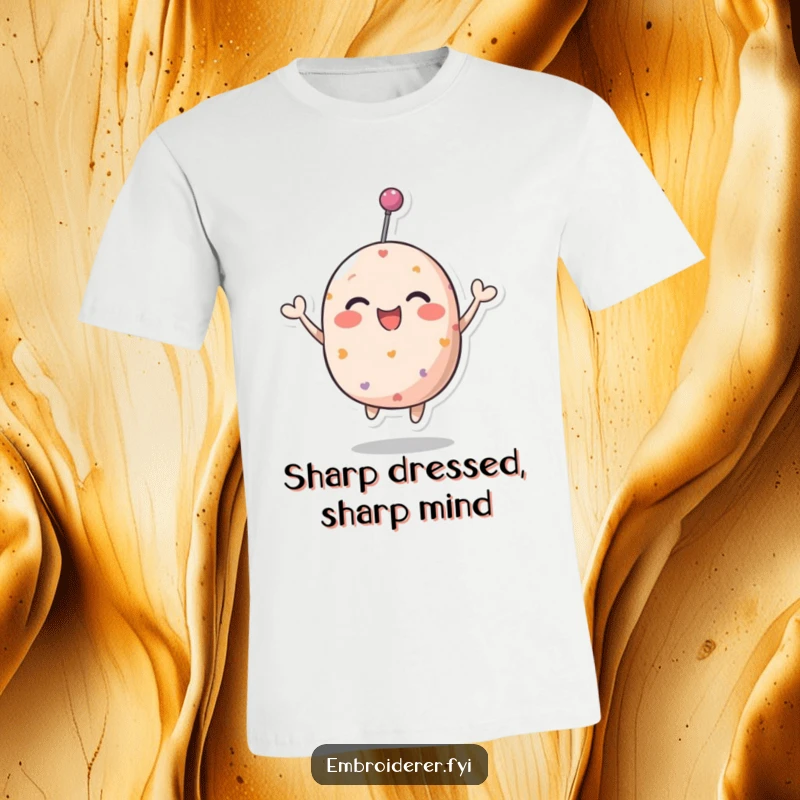 Funny pincushion t-shirt featuring a cute character bouncing with pure glee, perfect for crafters.