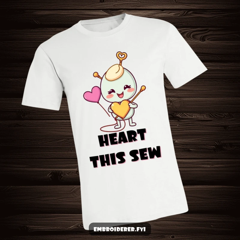 Funny anthropomorphic needle happily stitching a colorful heart on a t-shirt, celebrating handmade crafts and love, perfect for funny t-shirt fans.