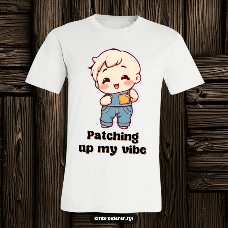 Funny cheerful character sewing a patch onto overalls with a happy expression on a t-shirt.