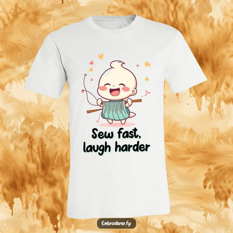 Funny t-shirt depicting a cheerful figure laughing while stitches rapidly fly from a needle, showcasing high-speed sewing.