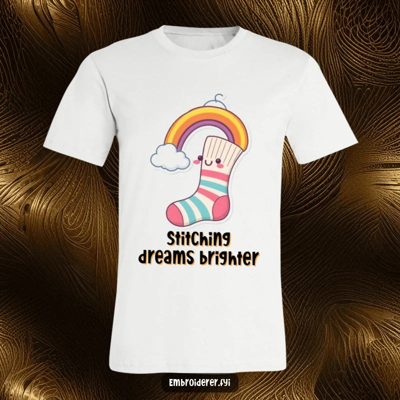 Funny T-Shirt depicting a cheerful sock actively sewing a rainbow onto a cloud, full of joy.