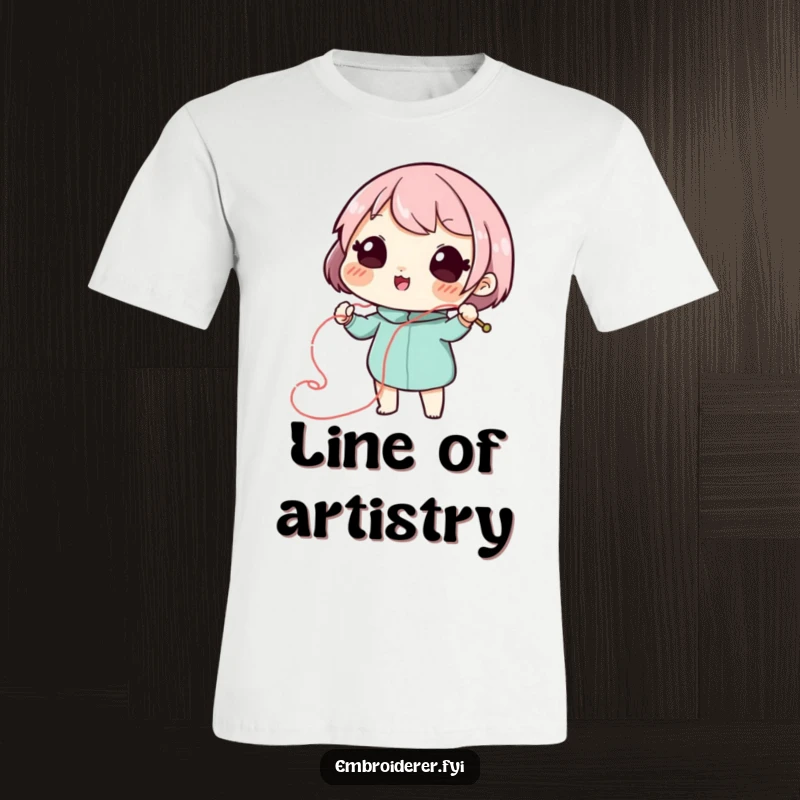 Funny stitch artist t-shirt with a playful character drawing a swirling, decorative line with needle and thread, perfect for creators.