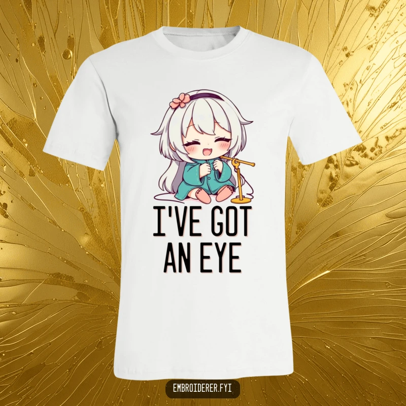 Funny T-Shirt showcasing a character grinning and winking while skillfully threading a needle, perfect for any humorous sewing lover.