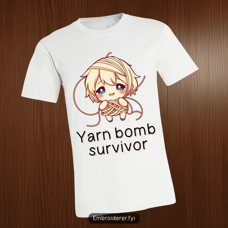 Funny t-shirt depicting a character comically tangled in yarn, showing a flustered yet smiling expression, ideal for knitters.