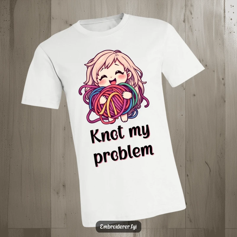 Funny t-shirt showing a smiling character looking bewildered but happy while holding a tangled ball of colorful yarn.