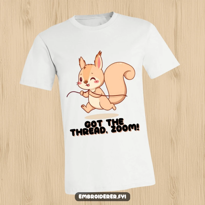 Funny Squirrel Thread T-Shirt, a playful squirrel dashing with a long piece of thread, humorous apparel for active people.