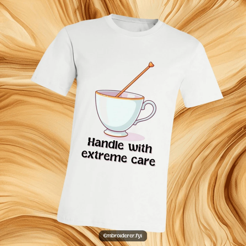Funny t-shirt of a teacup risking it all to balance a giant needle, a humorous depiction of daring attempts.