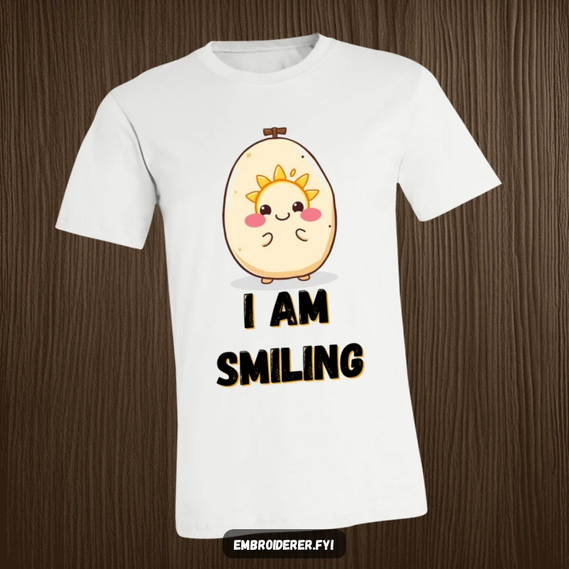 Funny t-shirt featuring a happy potato diligently embroidering a tiny, smiling sun, radiating warmth and joy.