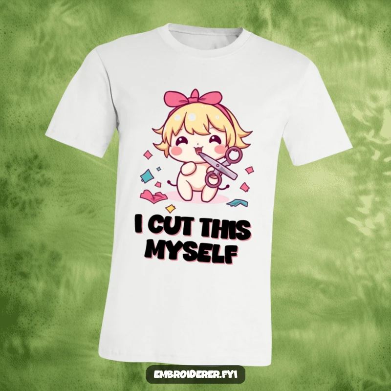 Funny sewing t-shirt featuring a humorous character with scissors in its mouth, playfully snipping colorful fabric scraps with glee.