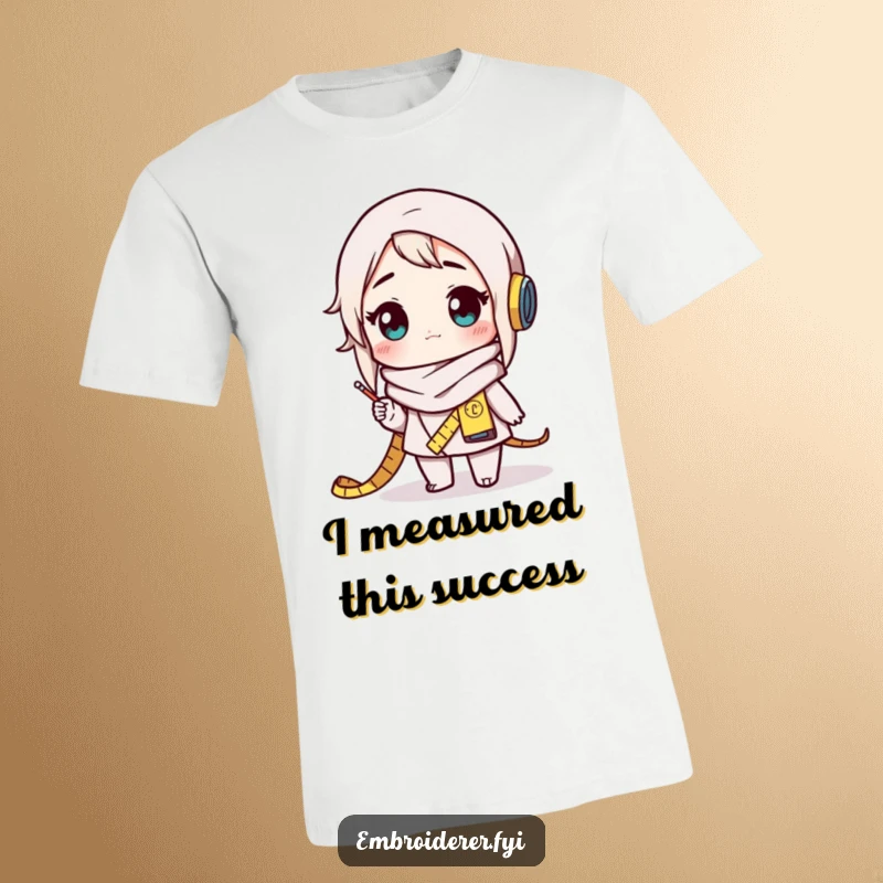 Funny crafter t-shirt depicting a character with a measuring tape scarf, looking utterly amazed by their creative accomplishment.