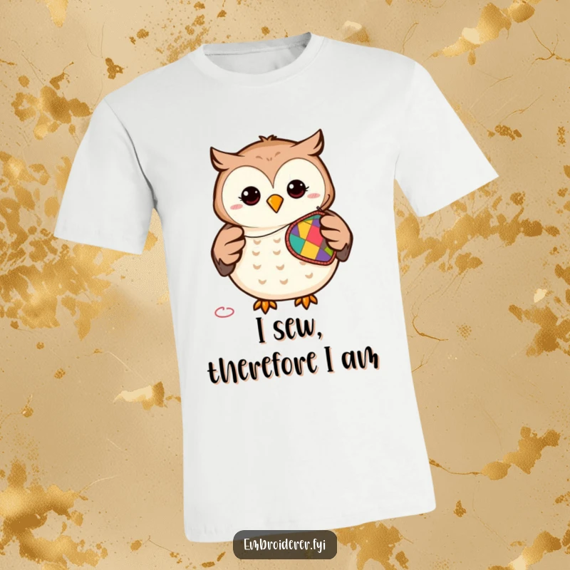 Funny t-shirt with a smiling owl enthusiastically sewing a colorful patch, showcasing a passion for crafting and humor.